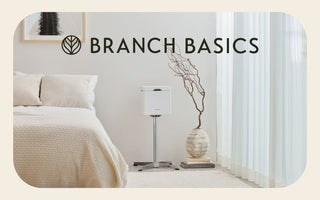 Bedroom with a Carepod humidifier on a stand next to a bed