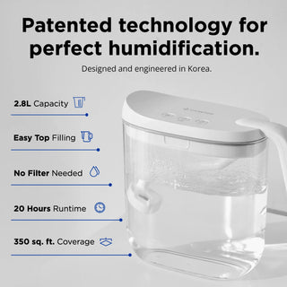 Carepod humidifier highlighting key features, including 2.8: capacity, easy top filling, filter-free design, 20 hours runtime, and 350 sq. ft. coverage.