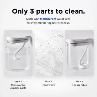 Carepod cleaning process showing three steps: disassemble, handwash, and reassemble using a transparent water tank.