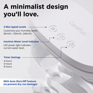 Carepod humidifier highlighting adjustable mist speed levels and safety features to prevent dry run damage.