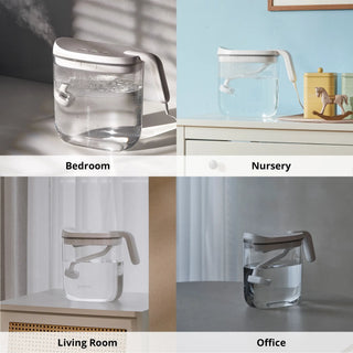 Carepod humidifier shown in four settings: bedroom, nursery, living room, and office.