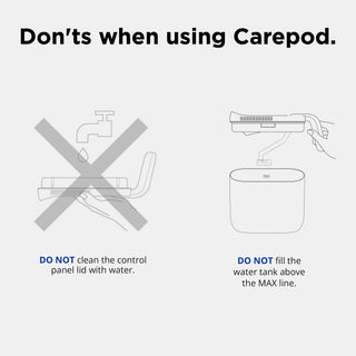 Carepod usage guide showing what not to do, including avoiding water on the control lid and not overfilling the tank.