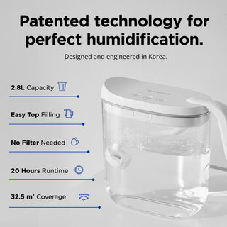 Carepod humidifier highlighting key features, including 2.8: capacity, easy top filling, filter-free design, 20 hours runtime, and 350 sq. ft. coverage