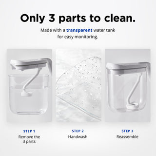 Carepod cleaning process showing three steps: disassemble, handwash, and reassemble using a transparent water tank.