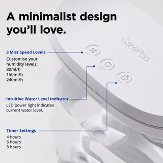 Carepod humidifier highlighting adjustable mist speed levels and safety features to prevent dry run damage.