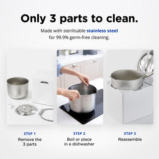 Carepod Cube Plus X50V Humidifier cleaning steps: disassemble, boil or dishwasher, reassemble