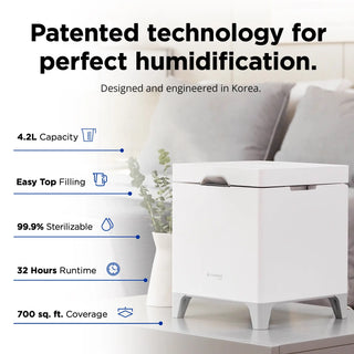 White Carepod humidifier on a table next to a plant highlighting 4.2L capacity, easy top fill, 99.9% sterilization, 32-hour runtime, and 700 sq. ft. coverage