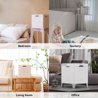 Carepod humidifier shown in bedroom, nursery, living room, and office settings