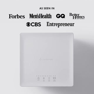 Carepod Cube Plus X50V humidifier with logos of Forbes, Men's Health, GQ, Better Homes and Gardens, CBS, Entrepreneur