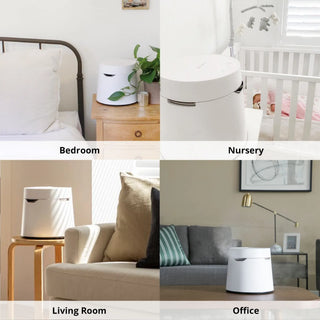 Carepod humidifier placed in bedroom, nursery, living room, and office settings