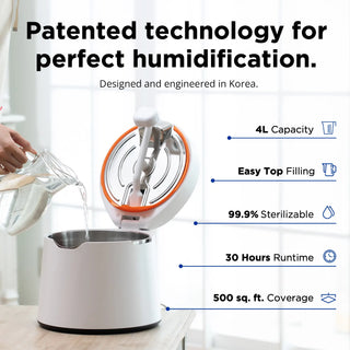 Carepod humidifier being filled with water, highlighting 4L capacity, easy top fill, 99.9% sterilization, 30-hour runtime, and 500 sq. ft. coverage