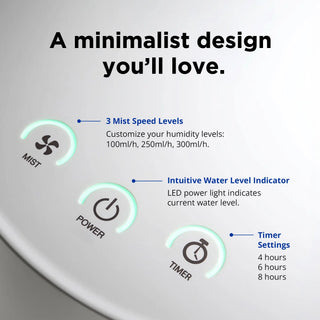 Carepod One Stainless Steel Humidifier control panel with mist, power, and timer settings